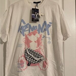 White Graphic Tee with Pink and Blue Design